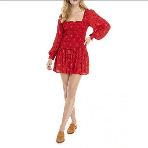 Free People Red Floral Mini Dress in size Medium - Picture 6 of 8